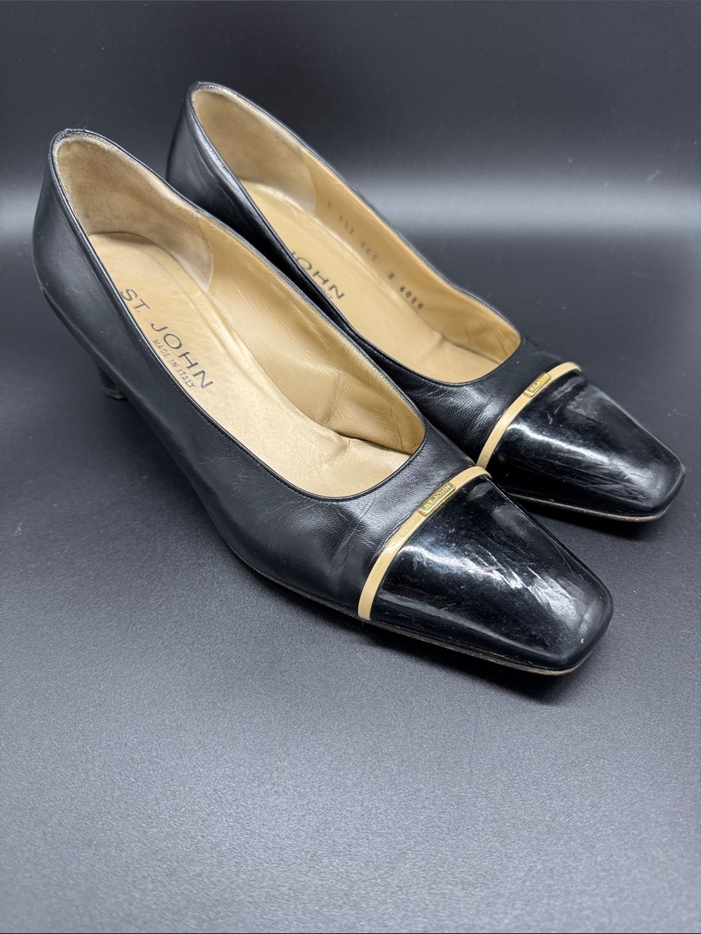 St. John Black Leather Low Heel Pumps with Gold Accent Sz 9.5 B
